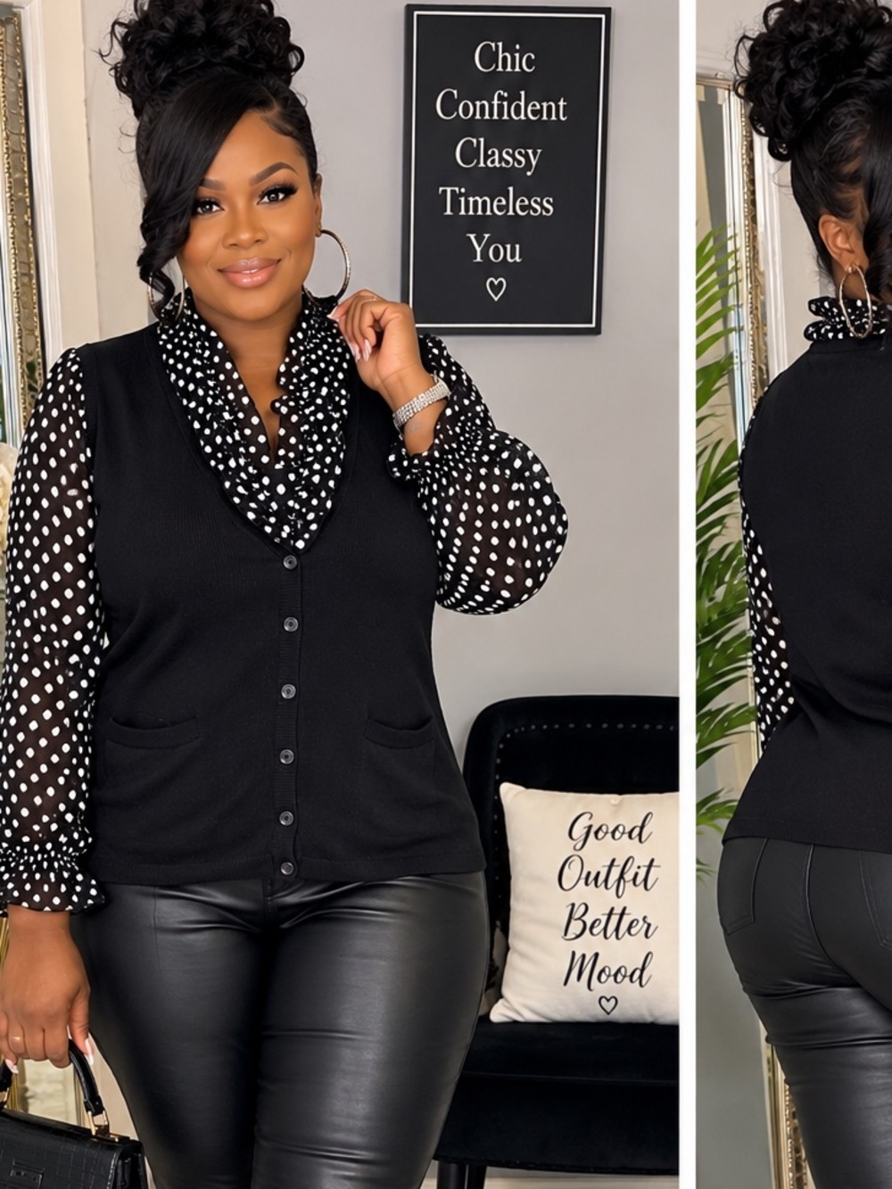 Polka Dot Sheer Sleeve Black Layered Look Top